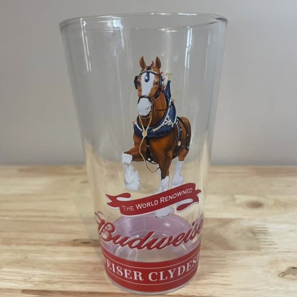 Budweiser Clydesdale Pint Glass 16 oz Clear Beer Glass Horse Logo Never Used